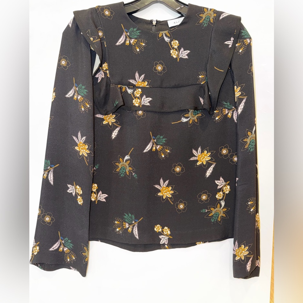 A.L.C. 100% Silk Floral Black Top Blouse